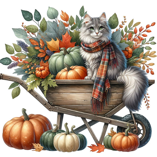 autumn cat, fall harvest, pumpkins, plaid scarf, fluffy cat, gray tabby, orange pumpkin, green pumpkin, cream pumpkin, autumn leaves, fall foliage, woodland animals, rustic style, farmhouse, whimsical, seasonal, thanksgiving, harvest theme, burnt orange, forest green, sage green, cream, woodland, nature inspired, cozy, autumn florals, decorative cat, fall colors, cottage core