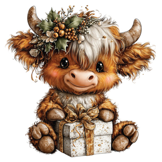 christmas highland cow, fabric panel, quilting cotton, holiday wreath, golden berries, holly leaves, gift box, brown fur, orange mane, small horns, festive decoration, winter theme, cute animal, watercolor style, warm earth tones, cream background, seasonal motif, craft project, sewing panel, bovine character