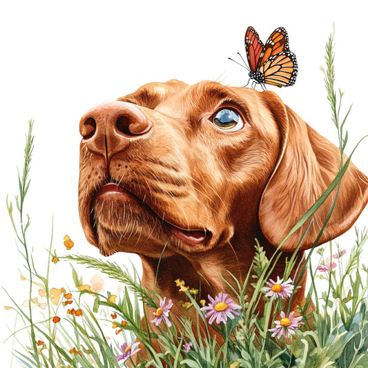 brown dog, monarch butterfly, daisies, wildflowers, nature, animals, whimsical, charming, dog portrait, botanical, spring, summer, flowers, grass, golden brown, rust orange, cream, soft pastels, lavender purple, yellow, green, playful, cheerful, children's, nursery, storybook illustration, countryside, garden, insects, buttercup