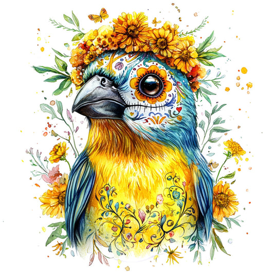 bright yellow, turquoise blue, orange, golden yellow, navy blue, sage green, whimsical, bohemian, floral, birds, eagle, sunflowers, butterflies, nature, folk art, decorative eyes, ornamental patterns, colorful, vibrant, artistic, boho style, animal themed, garden, spring, summer, wildflowers, leaves, intricate details, mixed media style, celestial inspired