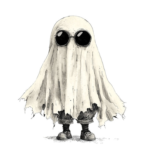 ghost, white, black, creepy, spooky, halloween, haunted, sheet ghost, cartoon ghost, cute ghost, whimsical, playful, ink illustration, sketched, vintage, character, costume, trick or treat, autumn, fall, holiday, supernatural, haunting, funny, humorous, gothic, dark humor, monochrome, pencil sketch, children's