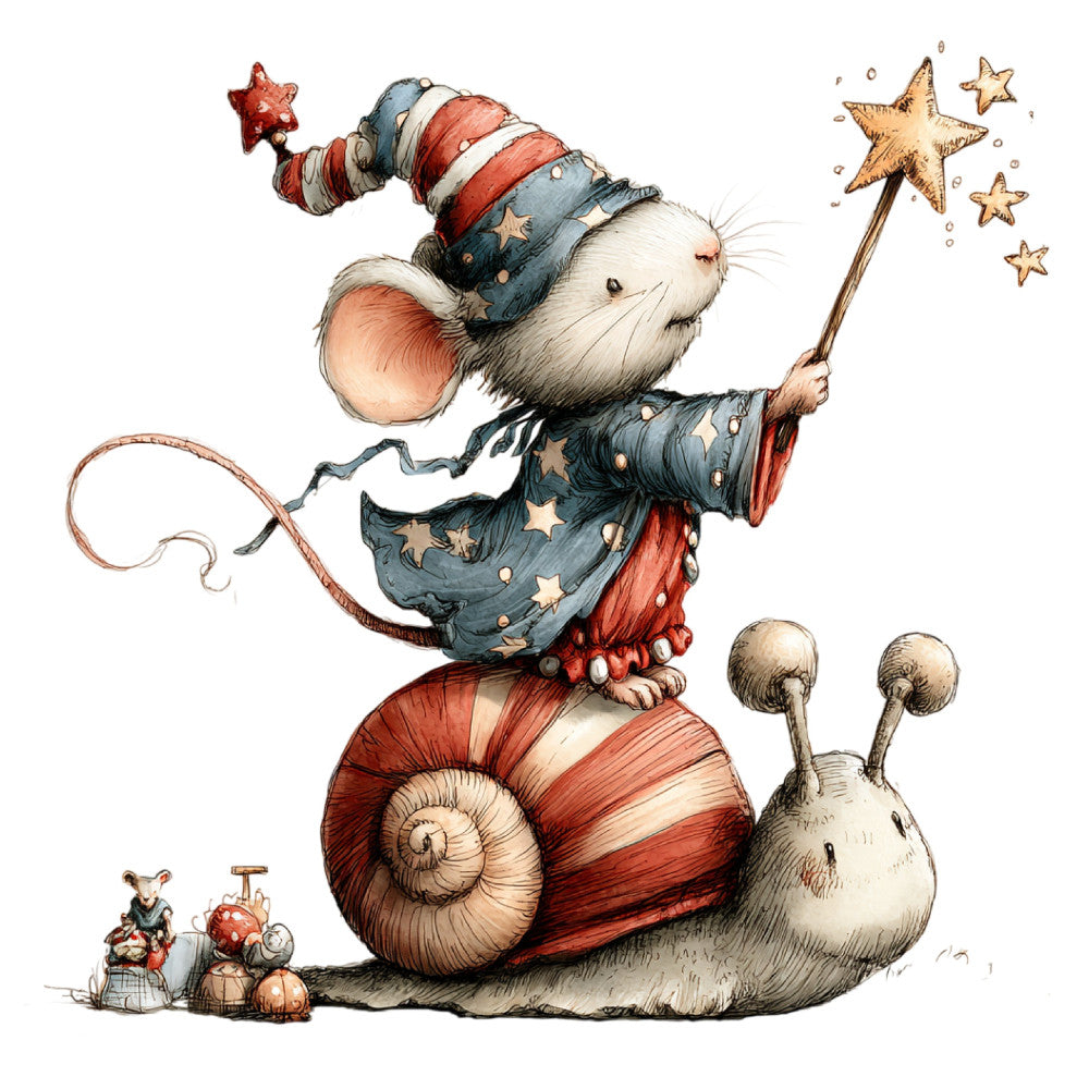 whimsical, mouse, snail, wizard, stars, magic wand, navy blue, coral red, cream, gold accents, striped, celestial, fantasy, storybook, children's, magical creatures, enchanted, vintage illustration, nursery, bedtime story, animal characters, fairy tale, dreamy, nostalgic, picture book style, red and white stripes, starry, woodland, charming, illustrative