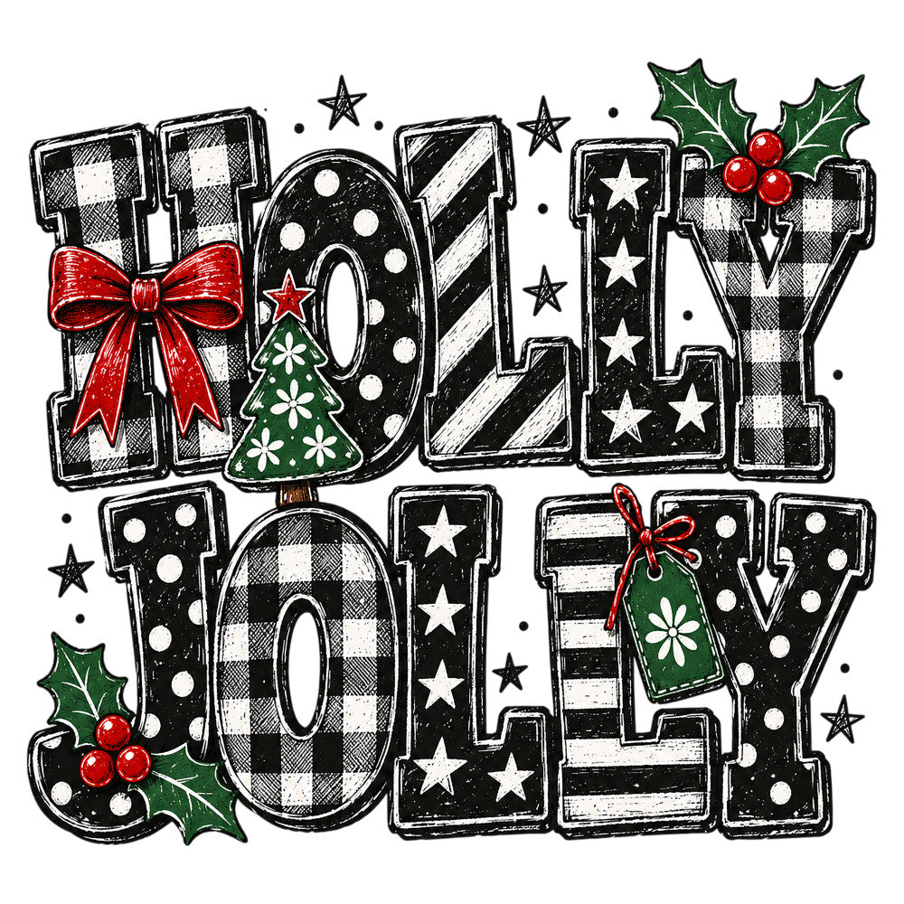 holiday, christmas, holly, red berries, green leaves, black and white, checkered, gingham plaid, stars, striped, festive, vintage, rustic, whimsical, winter, seasonal, red bow, gift tag, christmas tree, polka dots, buffalo check, farmhouse, traditional, jolly, celebration, decorative motif, classic christmas, dimensional letters
