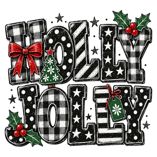 holiday, christmas, holly, red berries, green leaves, black and white, checkered, gingham plaid, stars, striped, festive, vintage, rustic, whimsical, winter, seasonal, red bow, gift tag, christmas tree, polka dots, buffalo check, farmhouse, traditional, jolly, celebration, decorative motif, classic christmas, dimensional letters