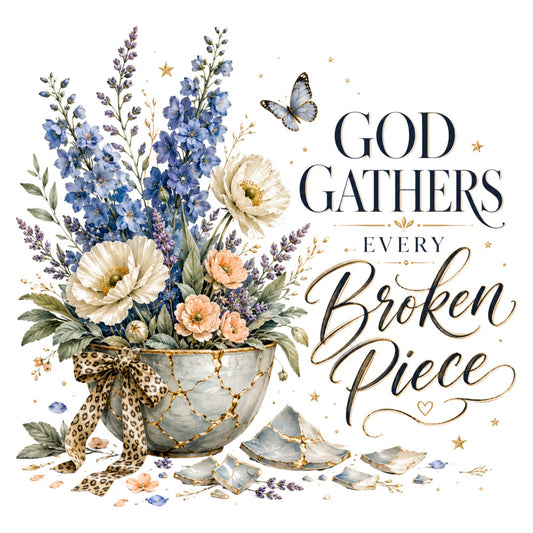 floral, inspirational, blue flowers, cream flowers, peach flowers, gold accents, butterfly, stars, broken pieces, healing, faith, encouragement, elegant, whimsical, botanical, nature, spring, summer, delphinium, daisy, ranunculus, lavender, leopard print, bow, soft colors, pastel, vintage, romantic, spiritual, motivational quote