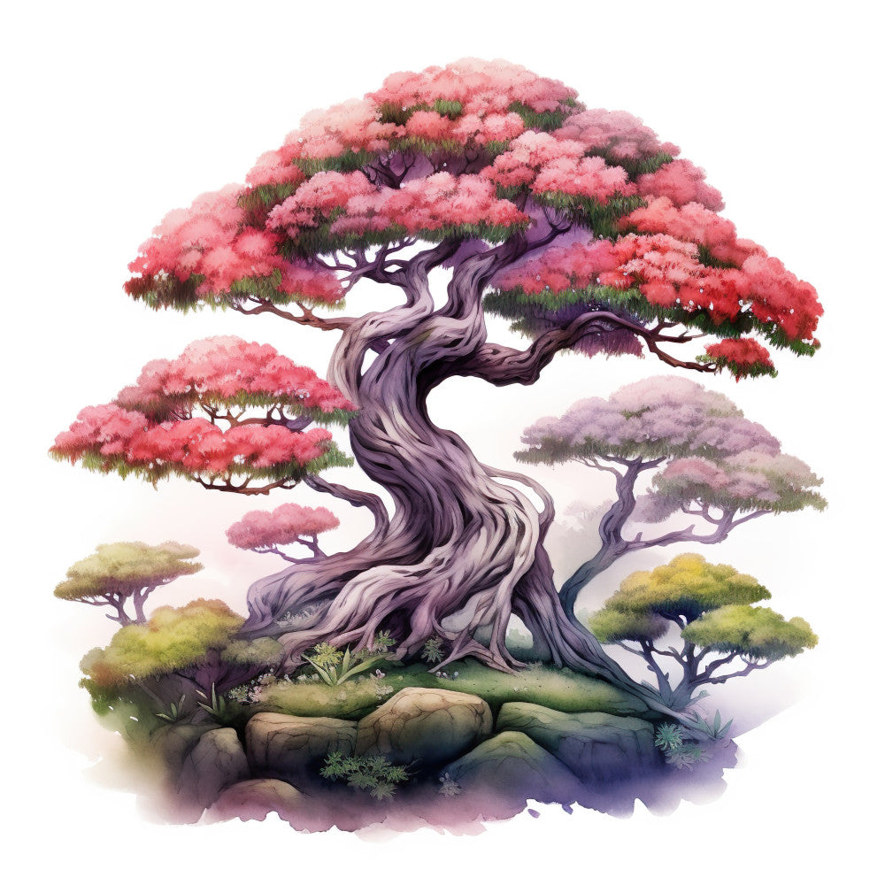 watercolor, bonsai tree, pink blossoms, coral flowers, purple trunk, twisted branches, fabric panel, nature scene, botanical art, soft pastels, green foliage, rocks, moss, serene landscape, asian inspired, cherry blossoms, artistic illustration, peaceful mood, quilting cotton, spring flowers