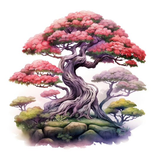 watercolor, bonsai tree, pink blossoms, coral flowers, purple trunk, twisted branches, fabric panel, nature scene, botanical art, soft pastels, green foliage, rocks, moss, serene landscape, asian inspired, cherry blossoms, artistic illustration, peaceful mood, quilting cotton, spring flowers