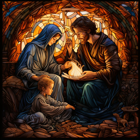 nativity scene, stained glass, fabric panel, holy family, baby jesus, mary, joseph, shepherd child, religious imagery, christmas theme, warm oranges, deep blues, golden yellows, amber tones, sacred art, biblical scene, quilting cotton, decorative panel, spiritual motif, holiday fabric