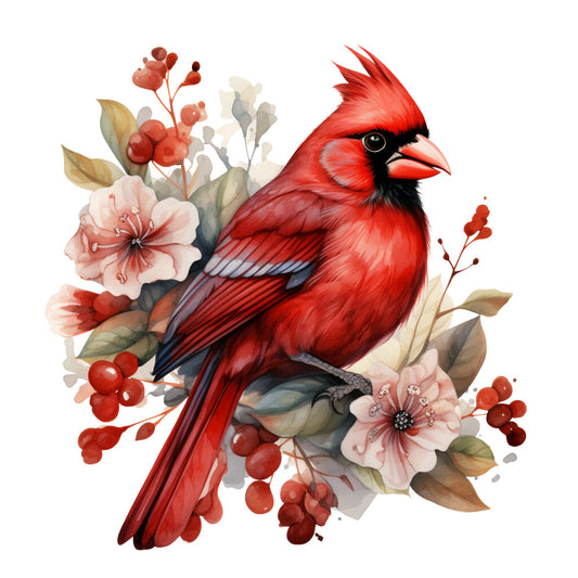 red cardinal, bird, floral arrangement, pink flowers, red berries, watercolor style, nature motif, fabric panel, quilting cotton, botanical design, crimson red, soft pink, sage green, wildlife art, spring theme, decorative panel, cotton fabric, bird lover, sewing project, craft panel
