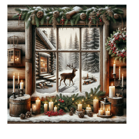 vintage, christmas, window scene, deer, stag, winter landscape, snow covered trees, cabin, log house, candles, lanterns, evergreen garland, pine cones, red berries, holly, wreath, rustic, cozy atmosphere, fabric panel, quilting cotton, warm lighting, candlelight, wooden windowsill, icicles, forest scene, holiday decorations, brown, green, white, cream, golden glow