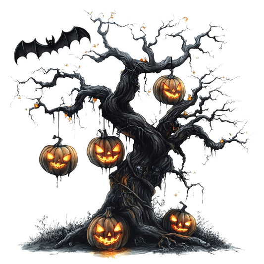 halloween, jack-o-lantern, pumpkin, spooky, creepy, haunted tree, bat, autumn, fall, orange, black, dark brown, charcoal gray, glowing eyes, carved pumpkin, gothic, whimsical, eerie, seasonal, horror, festive, trick-or-treat, october, scary, twisted branches, gnarled tree, spooky season, dark theme, holiday, wall hanging