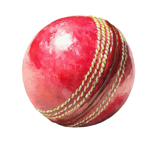 cricket ball, red cricket ball, sports ball, crimson red, cream stitching, gold stitching, leather texture, sports themed, cricket, athletic, ball motif, traditional cricket, sporting goods, red and cream, red and gold, whimsical sports, vintage cricket, classic cricket, recreational sports, game day, sports equipment, three-dimensional ball, realistic cricket, curved stitching, decorative ball