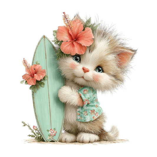 cat, kitten, floral, coral pink, mint green, sage green, cream, white, peach, hibiscus, flowers, surfboard, whimsical, cute, animal lover, children's fabric, baby, spring, summer, tropical, beach theme, adorable, playful, nature, botanical, girl's quilt, nursey, decorative, vintage floral, sweet
