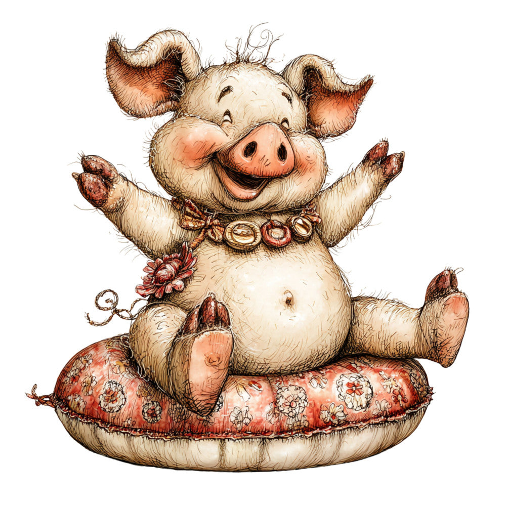 pig, lucky pig, prosperity pig, adorable pig, cute pig, whimsical, farmhouse, farm animals, cottage core, vintage style, cream, tan, beige, coral pink, rust red, folk art, traditional, ornamental, decorative pillow, nursery, children's fabric, floral motif, prosperity charm, asian inspired, good fortune, playful, cheerful, happy pig, cushion cover, wall hanging