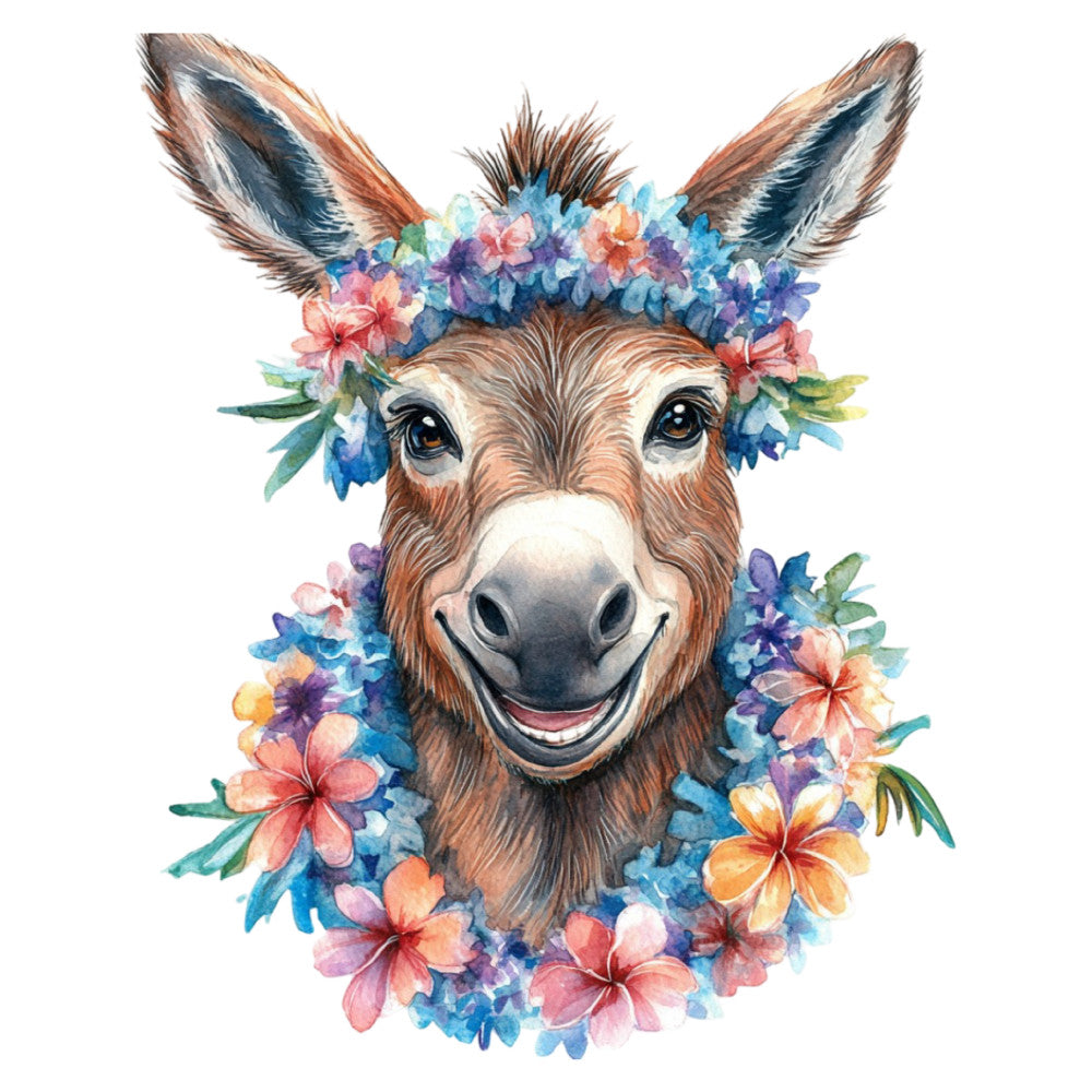 donkey, floral, animals, whimsical, bohemian, spring, summer, coral pink, sky blue, purple, lavender, golden yellow, rustic, farmhouse, nature, flowers, hydrangea, wildflowers, charming, playful, colorful, multi-colored, adorable, cheerful, garden, boho, sweet, cute, panel design, wall hanging