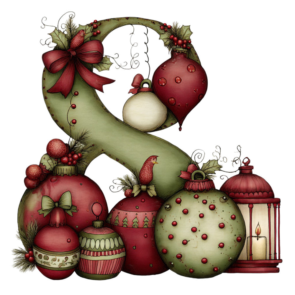 burgundy red, cream white, sage green, olive green, christmas, holiday, ornaments, baubles, festive, whimsical, vintage, traditional, decorative, elegant, lantern, candle, bow, ribbon, holly, berries, pine needles, rustic, winter, seasonal, gift-giving, celebration, nostalgic, illustrative, detailed, embellished