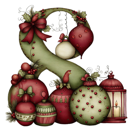 burgundy red, cream white, sage green, olive green, christmas, holiday, ornaments, baubles, festive, whimsical, vintage, traditional, decorative, elegant, lantern, candle, bow, ribbon, holly, berries, pine needles, rustic, winter, seasonal, gift-giving, celebration, nostalgic, illustrative, detailed, embellished