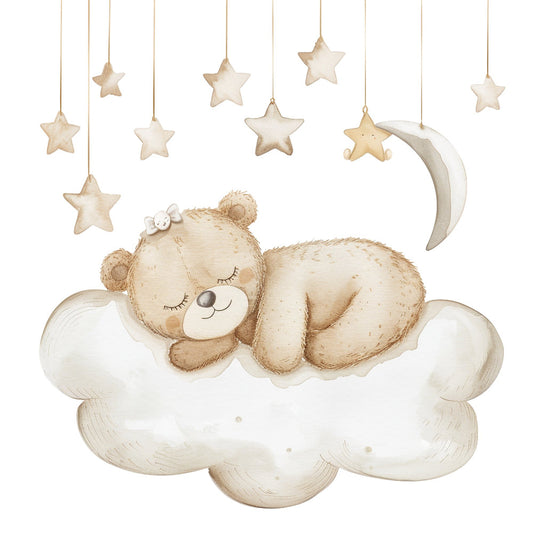 cream, beige, tan, soft white, pastel, teddy bear, sleeping bear, moon, stars, clouds, celestial, nursery, baby, whimsical, dreamy, sweet, gentle, soft, lullaby, goodnight, bedtime, starry night, nighttime, peaceful, calming, cute animals, adorable, children's, infant, newborn