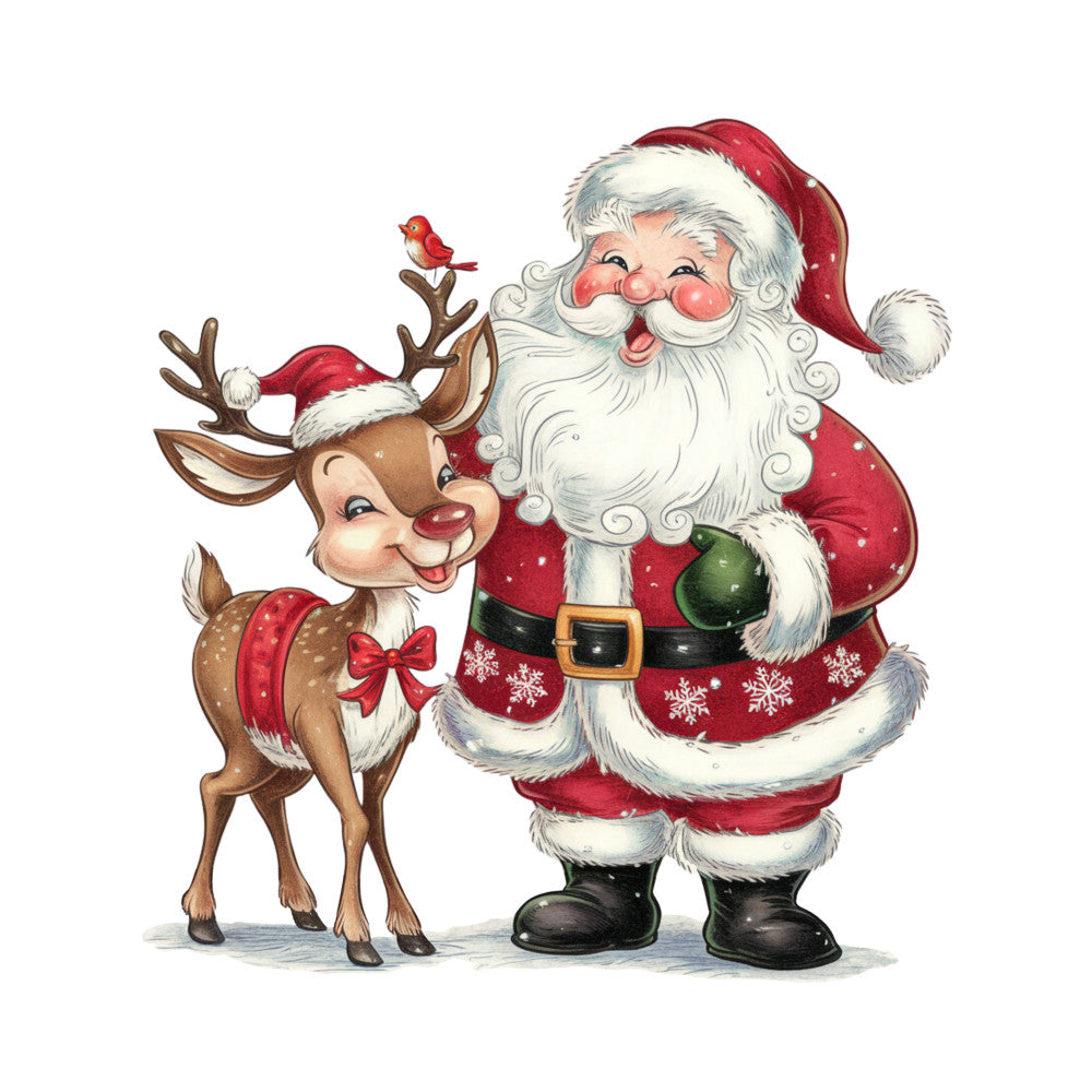 santa claus, reindeer, red cardinal, christmas, holiday theme, red coat, white beard, antlers, red ribbon, snowflakes, fabric panel, quilting cotton, festive characters, winter scene, cheerful illustration, brown reindeer, green mittens, black boots, whimsical art style, seasonal motif