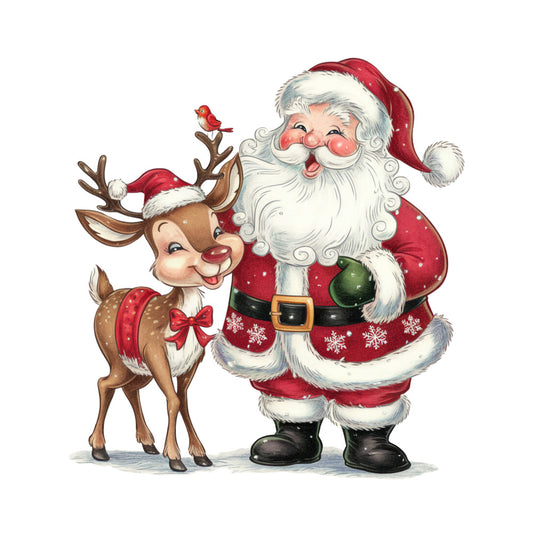 santa claus, reindeer, red cardinal, christmas, holiday theme, red coat, white beard, antlers, red ribbon, snowflakes, fabric panel, quilting cotton, festive characters, winter scene, cheerful illustration, brown reindeer, green mittens, black boots, whimsical art style, seasonal motif