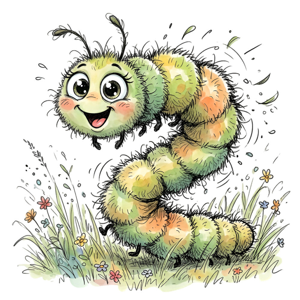 caterpillar, fuzzy, whimsical, cute, children's, baby, lime green, yellow green, sage green, orange, cheerful, playful, animals, insects, nature, flowers, grass, spring, summer, storybook, illustrated, cartoon style, friendly, joyful, nursery, kids fabric, charming, folk art, pastoral, meadow