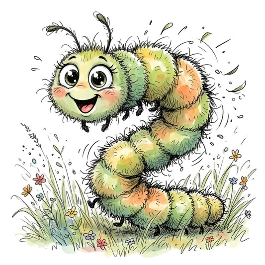 caterpillar, fuzzy, whimsical, cute, children's, baby, lime green, yellow green, sage green, orange, cheerful, playful, animals, insects, nature, flowers, grass, spring, summer, storybook, illustrated, cartoon style, friendly, joyful, nursery, kids fabric, charming, folk art, pastoral, meadow