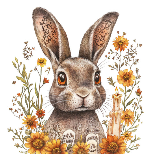 rabbit, bunny, floral, flowers, daisies, yellow flowers, orange flowers, autumn, fall, nature, animals, woodland, whimsical, bohemian, boho, rustic, vintage, ornamental, decorative, tattoo, mystical, celestial, skull, candle, witchy, earth tones, cream, tan, brown, gold