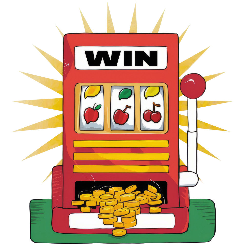 slot machine, casino, gambling, red, yellow, gold, green, cherries, fruit symbols, coins, jackpot, win text, fabric panel, quilting cotton, gaming theme, retro style, cartoon illustration, burst rays, lever handle, payout tray