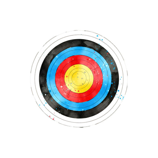 archery target, bullseye, concentric circles, geometric, modern, abstract, bright yellow, vibrant red, bright blue, black, white, circular pattern, sport, competition, round design, target rings, colorful, contemporary, bold, striking, graphic design, precision, centered motif, multi-colored, pop art style, wall art, sports themed, decorative panel, home decor, artistic
