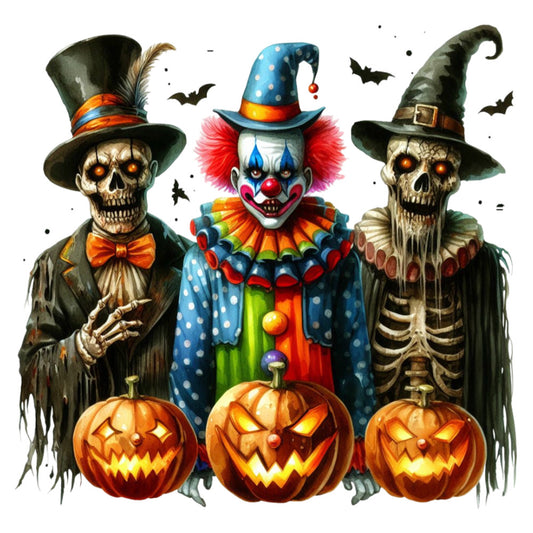 halloween, spooky, skulls, skeleton, jack-o-lantern, pumpkins, glowing eyes, clown, witch hat, top hat, bow tie, bats, orange, black, blue, red, yellow, green, purple, festive, whimsical, creepy, playful, autumn, fall, costume, theatrical, vintage circus, gothic, seasonal