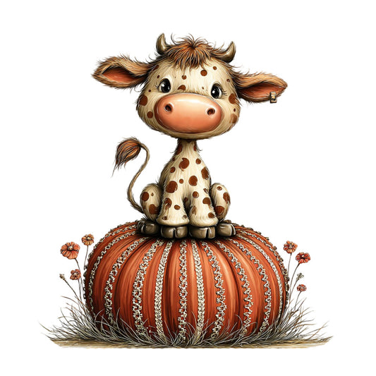 cute cow, whimsical, farmhouse, rust orange, cream, brown spots, cow on pumpkin, autumn, fall, harvest, countryside, rustic, children's, baby, folk art, decorative, pumpkin patch, pastoral, animals, cow print, seasonal, charming, cottage core, nursery, storybook illustration, daisies, wildflowers, childlike, playful, folk illustration