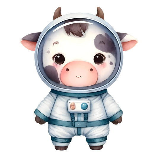 astronaut cow, cute animal, whimsical, space theme, celestial, adorable character, baby fabric, nursery, cream white, soft blue, teal, coral pink, brown accents, kawaii, children's design, gender neutral, playful, modern cute, illustration style, animal character, astronaut suit, helmet, space exploration, fabric panel, wall hanging, baby quilt, toddler, sweet style, soft colors