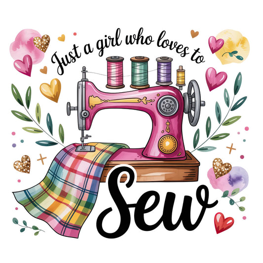 sewing machine, pink machine, thread spools, colorful thread, plaid fabric, watercolor hearts, floral elements, green leaves, crafting theme, quilting panel, cotton fabric, vintage sewing, hobby design, pastel colors, purple hearts, yellow hearts, fabric crafts, sewing supplies, handmade aesthetic, girly design