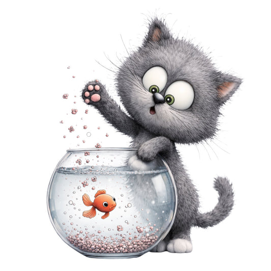 gray cat, cute animals, whimsical, playful, fish bowl, orange goldfish, children's, kids, cartoon, adorable, gray and white, coral orange, pastel, modern, fun, playful cat, pet themed, animal lovers, nursery, baby quilt, wall hanging, light hearted, humorous, fluffy, furry, children's books inspired, cat and fish, water themed, bubbles, interactive design