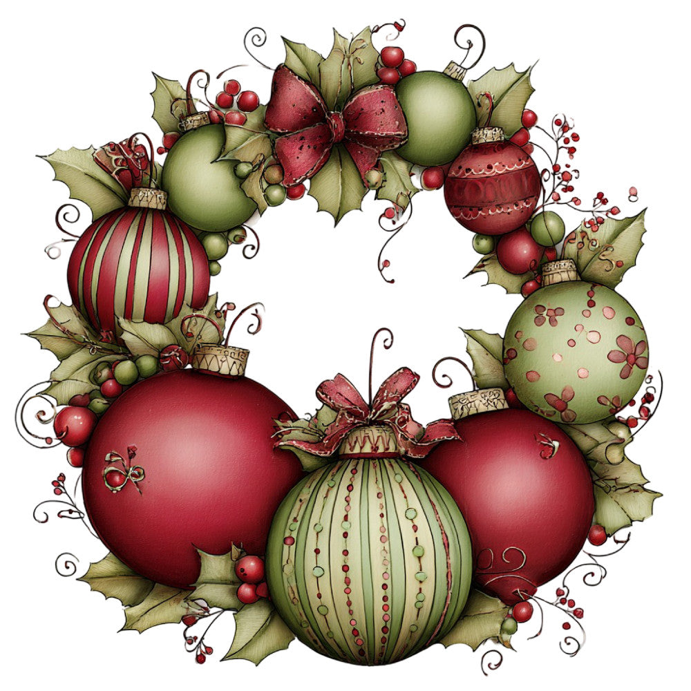 burgundy red, sage green, dusty rose, holiday ornaments, christmas, festive, wreath, holly leaves, berries, baubles, traditional, whimsical, elegant, vintage, decorative balls, striped ornaments, polka dot ornaments, ribbon bows, curling vines, nature, seasonal, winter, table runner, wall hanging, home decor, christmas wreath design, metallic accents, hand-painted style, botanical elements