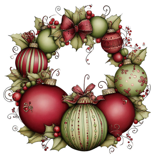 burgundy red, sage green, dusty rose, holiday ornaments, christmas, festive, wreath, holly leaves, berries, baubles, traditional, whimsical, elegant, vintage, decorative balls, striped ornaments, polka dot ornaments, ribbon bows, curling vines, nature, seasonal, winter, table runner, wall hanging, home decor, christmas wreath design, metallic accents, hand-painted style, botanical elements