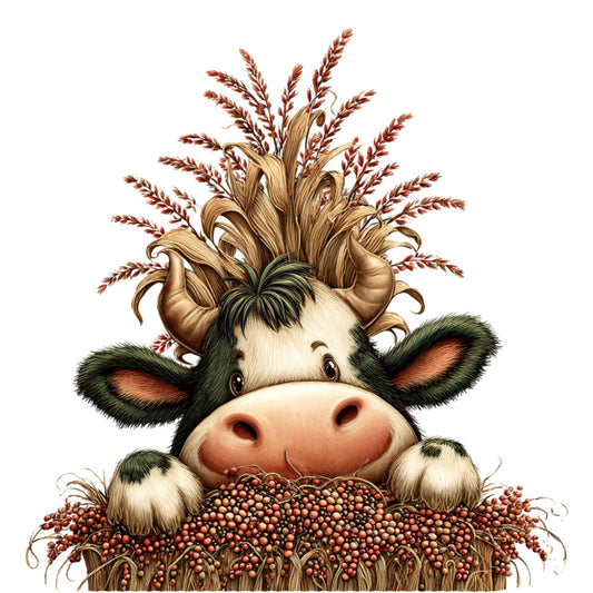 cow, farm animal, farmhouse, whimsical, rustic, autumn, fall harvest, wheat, grain, berries, red berries, cream, tan, brown, forest green, dark green, rust red, golden tan, nature, harvest theme, seasonal, country, folk art, cute, playful, children's, nursery, baby quilt, wall hanging, pastoral