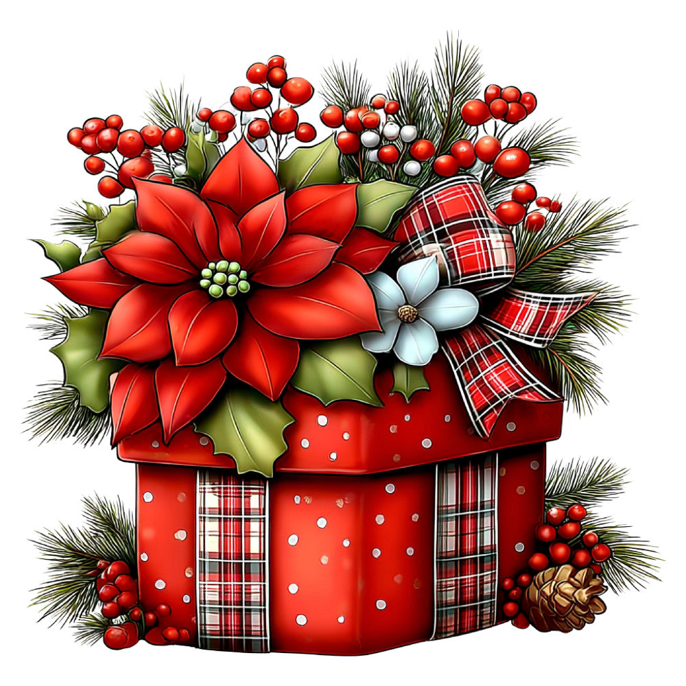 red, white, cream, forest green, deep red, crimson, poinsettia, christmas, holiday, festive, floral, plaid, tartan, checkered, nature, seasonal, traditional, elegant, gift box, holly, berries, pine branches, evergreen, winter, decorative, gift wrapping theme, botanical, red and white plaid, polka dot, ribbon bow
