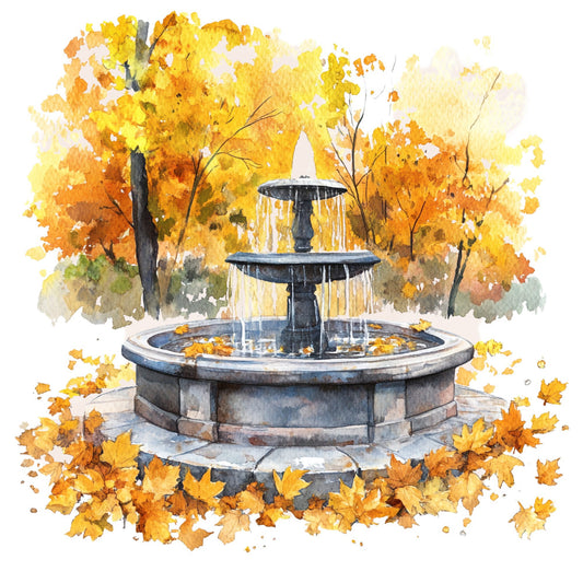 autumn leaves, fall foliage, fountain, water feature, golden yellow, burnt orange, warm yellows, cream, gray, nature scene, landscape, park scene, seasonal, autumn, fall, outdoor, garden, tranquil, peaceful, watercolor, artistic, whimsical, rustic, elegant, leaf motifs, falling leaves, transitional style, decorative panel, wall art, home decor