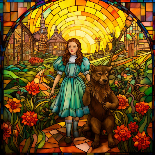 stained glass, dorothy, cowardly lion, wizard of oz, fabric panel, turquoise dress, brown lion, red flowers, yellow sun rays, emerald city, castle towers, quilting cotton, orange marigolds, green foliage, mosaic pattern, fantasy scene, children's fabric, story book theme, radiant sunset, floral border