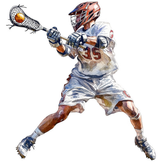 lacrosse, sports, athletic, team sports, player, orange, navy blue, white, cream, tan, brown, watercolor, illustrated, action pose, masculine, dynamic, youth sports, competitive, energetic, modern, casual, boys, men, outdoor sports, helmet, protective gear, number 35, figurative, sporty style, recreational