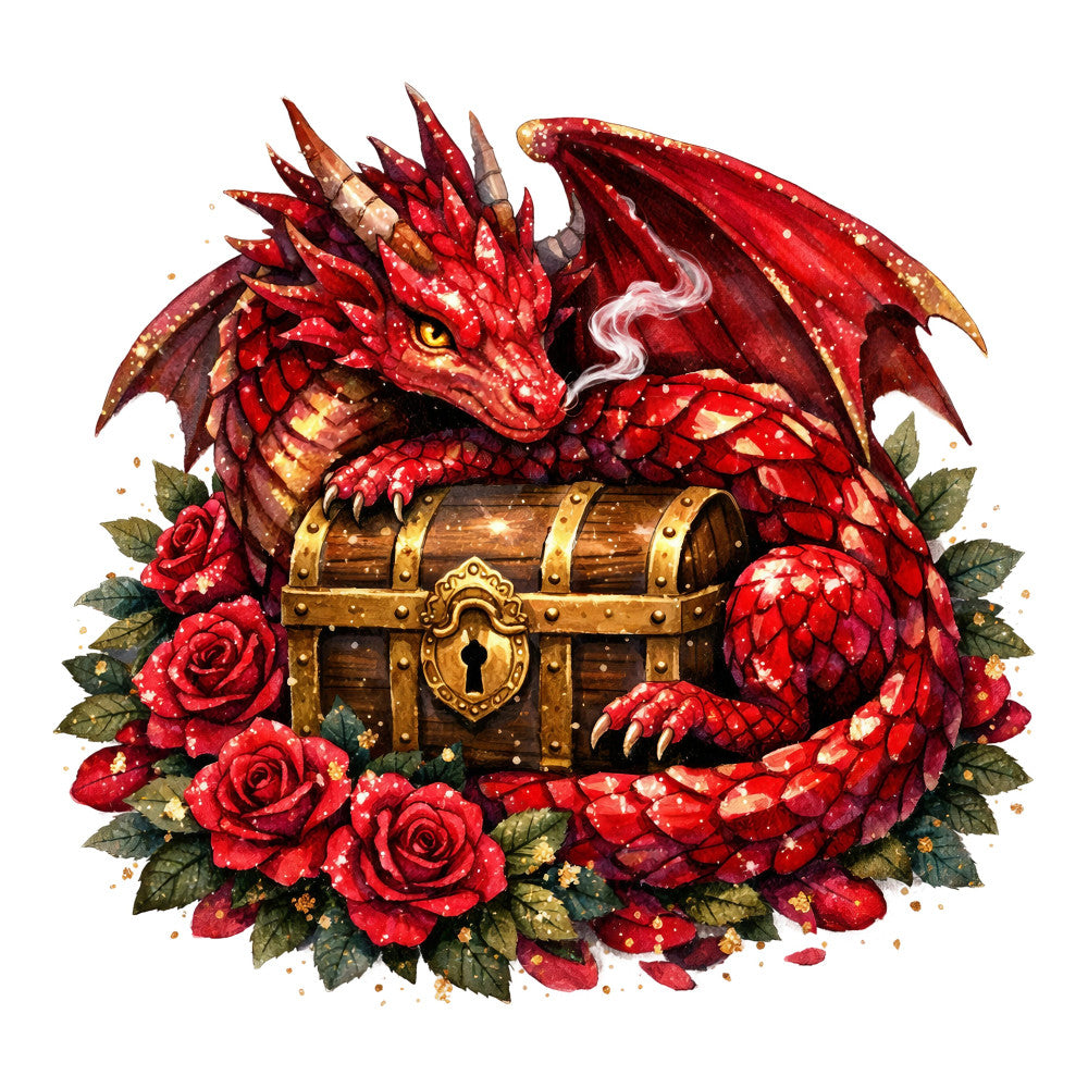 red dragon, fantasy, treasure chest, gold accents, roses, floral, crimson red, deep red, burgundy, golden brown, emerald green, sparkly, glittery, whimsical, magical, mystical, dragon theme, ornate, vintage, steampunk, decorative chest, nature, botanical, romantic, elegant, dark fantasy, rich colors, adventurous, storybook, wall hanging
