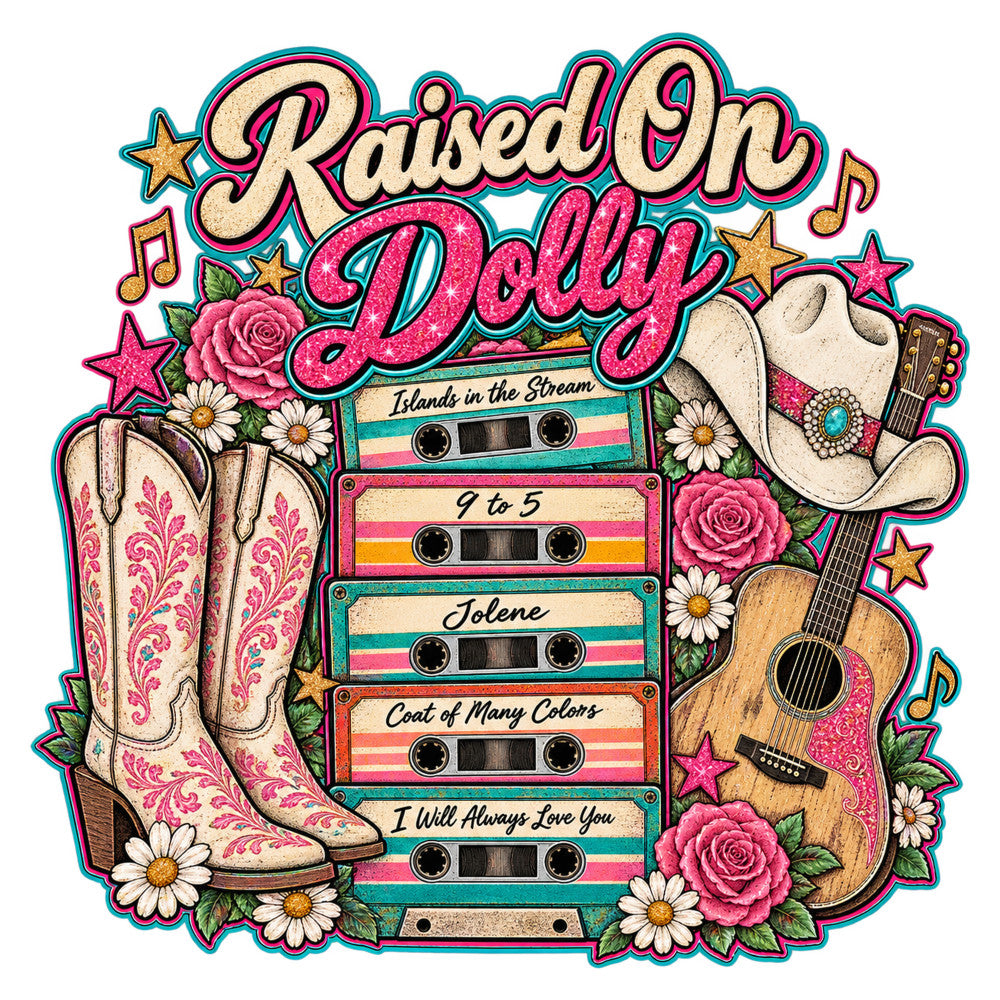 raised on dolly, country music, cassette tapes, western boots, cowboy hats, guitars, pink roses, daisies, floral, turquoise, hot pink, cream, striped, vintage, retro, bohemian, whimsical, nostalgic, music themed, music lover, country style, rustic, decorative, panel quilt, wall hanging, music notes, stars, farmhouse style, 80s inspired