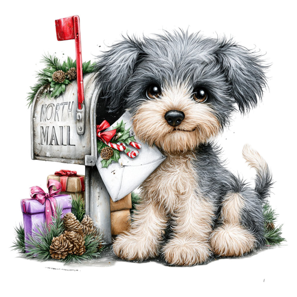 cute dog, puppy, schnauzer, terrier, gray and white, charcoal gray, cream, burgundy red, purple, holiday, christmas, north pole, mailbox, festive, seasonal, candy cane, pinecones, evergreen, winter, whimsical, charming, heartwarming, greeting card style, children's, sweet, adorable, pet lover