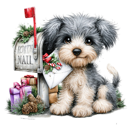 cute dog, puppy, schnauzer, terrier, gray and white, charcoal gray, cream, burgundy red, purple, holiday, christmas, north pole, mailbox, festive, seasonal, candy cane, pinecones, evergreen, winter, whimsical, charming, heartwarming, greeting card style, children's, sweet, adorable, pet lover
