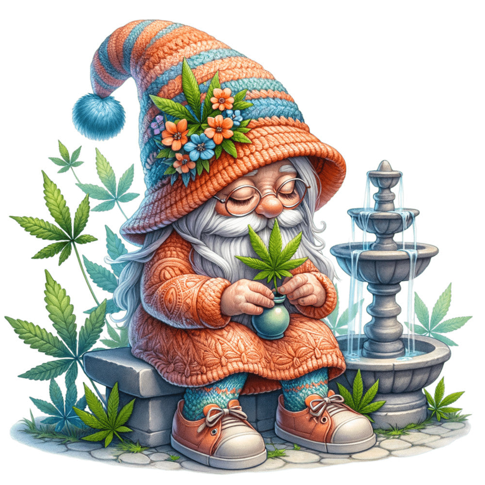 orange, turquoise, coral, teal, garden gnome, cannabis leaves, marijuana plants, water fountain, floral embroidery, knitted hat, whimsical character, fantasy illustration, detailed artwork, fabric panel, quilting cotton, botanical elements, colorful stripes, decorative flowers, stone fountain, cheerful gnome