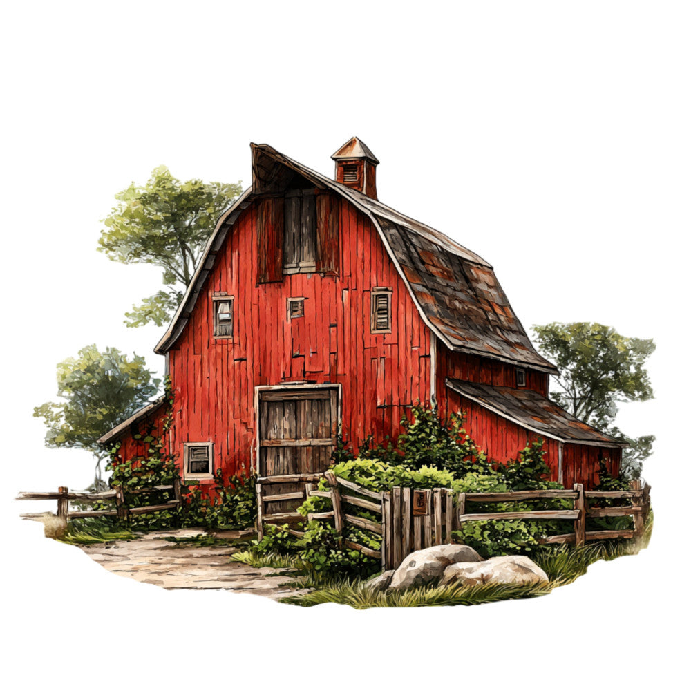 red barn, farmhouse, rural, countryside, rustic, vintage, americana, agricultural, wooden fence, trees, nature, pastoral, traditional, barn with cupola, weathered wood, country living, farm scene, architectural, heritage, autumn, earthy tones, rust red, dark brown, cream, sage green, detailed illustration, scenic, nostalgic, folk art, homestead