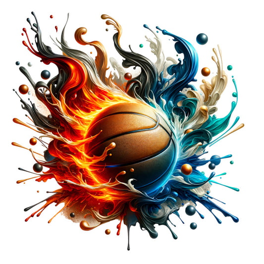 basketball, watercolor splash, fire flames, water droplets, orange flames, blue splash, red accents, teal colors, yellow highlights, sports design, dynamic motion, fabric panel, quilting cotton, energetic artwork, splatter effects, athletic theme, vibrant colors, fluid design, basketball art, sporty fabric