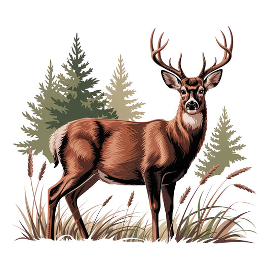 deer, stag, antlers, forest, evergreen trees, pine trees, woodland, rustic, brown, reddish brown, tan, beige, green, wildlife, nature scene, grass, fabric panel, quilting, outdoor, hunting, masculine, earth tones, realistic illustration