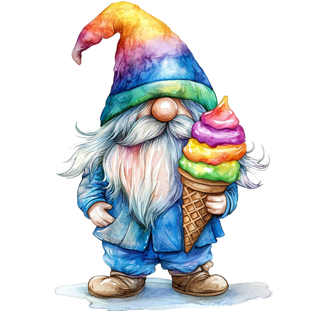 rainbow gnome, whimsical gnome, colorful gnome, ice cream cone, fantasy, magical, children's fabric, playful, bright colors, yellow, blue, purple, pink, green, rainbow gradient, gnome illustration, storybook, whimsical style, magical creature, nursery, kids fabric, vibrant, watercolor style, summer, sweet treat, candy colored, cheerful, joy, illustration art, character design